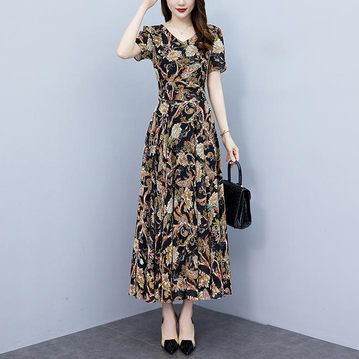 2025夏季时尚新款雪纺碎花优雅连衣裙大码胖mm收腰显瘦遮肚长裙