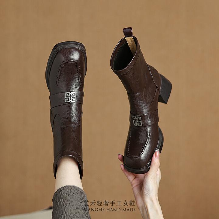 国风5.5cm|头层羊皮弹力靴瘦瘦靴方头粗跟短靴女秋冬复古女靴子
