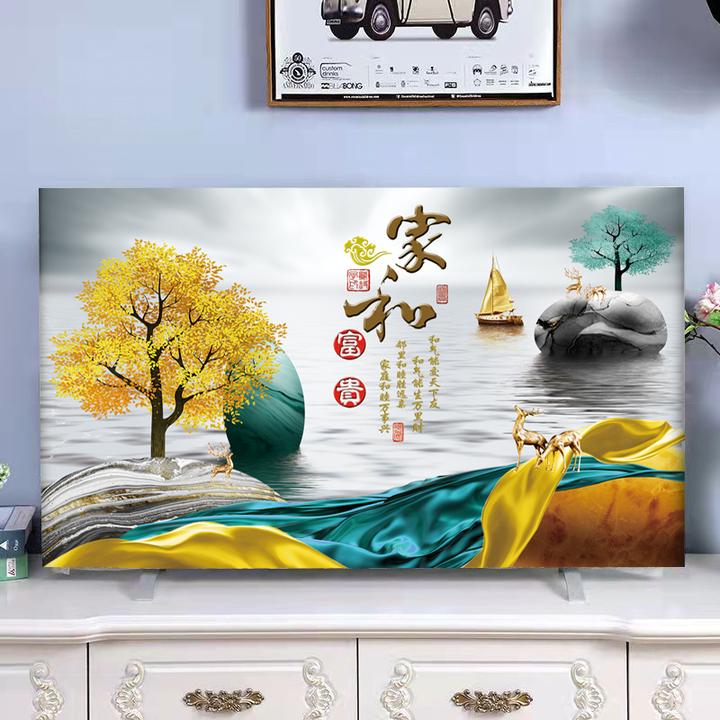 根据电视尺寸下单电视罩新款中式挂式短绒印花防尘电脑防尘罩盖布