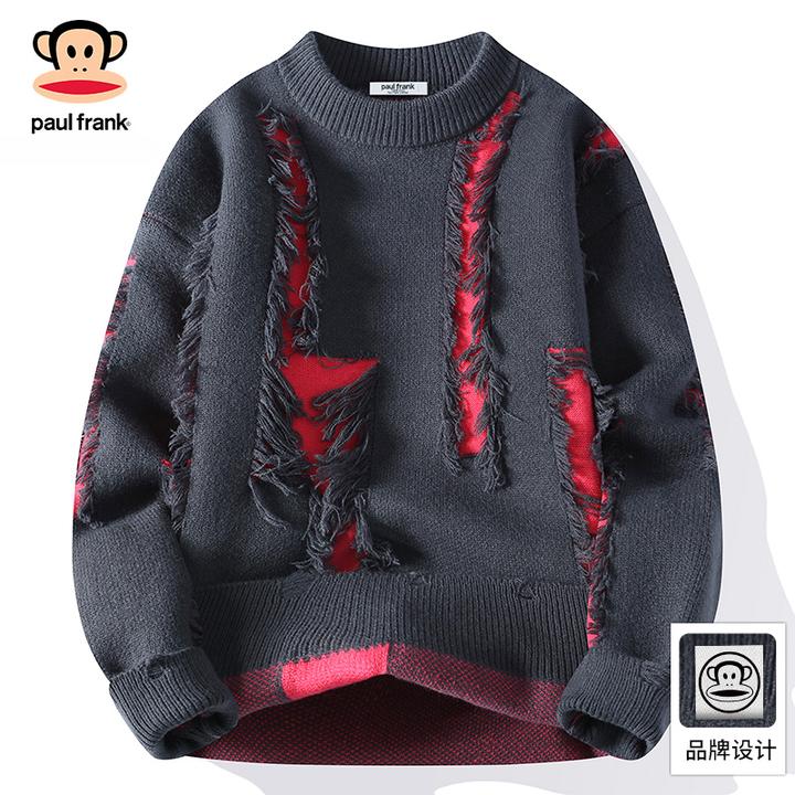 PaulFrank/大嘴猴美式破洞设计感毛衣男秋季新款休闲宽松保暖上衣