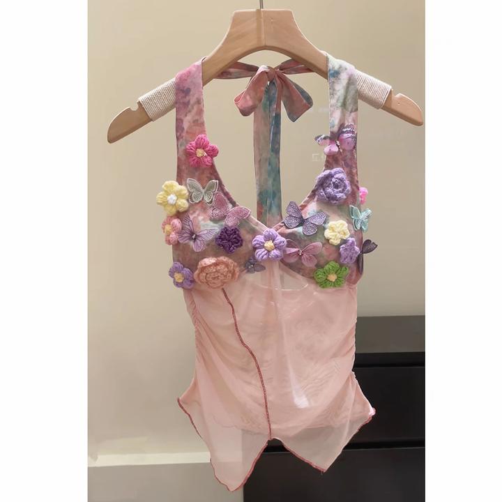 夏季法式纯欲风辣妹性感晕染穿搭挂脖女微透修身显瘦短款上衣吊带