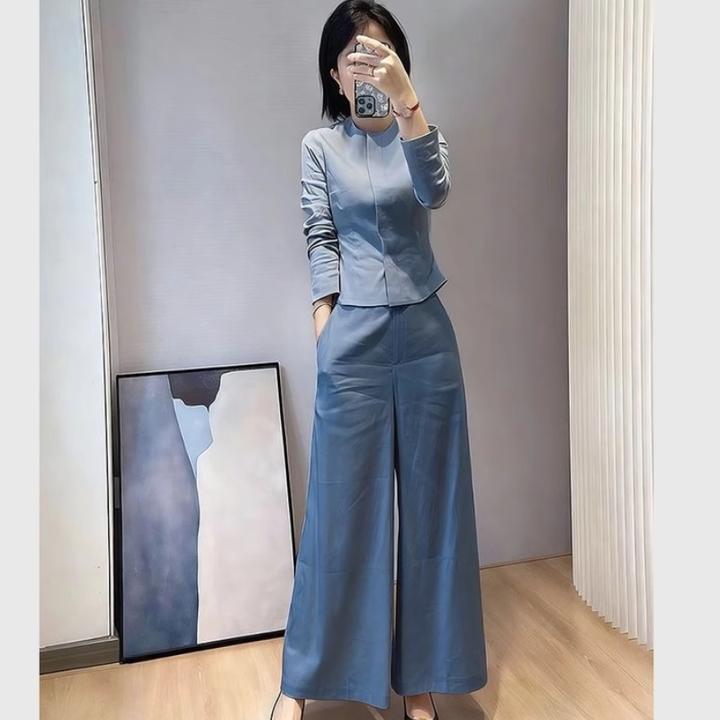 高级感套装2025早秋巨好看高端小香风气质蓝色衬衫阔腿裤两件套