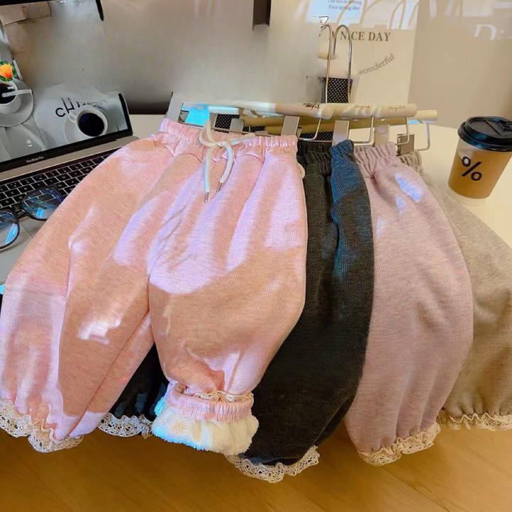 秋冬季新款女童加绒加厚裤子纯色花边韩版卫裤女宝奥粒绒休闲童裤
