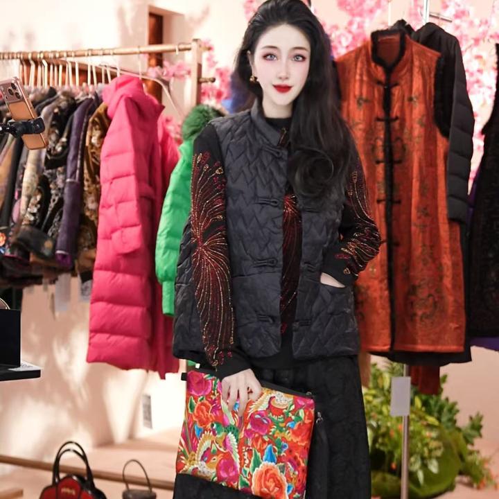 中国风菱格盘扣无袖白鸭绒压线羽绒马甲