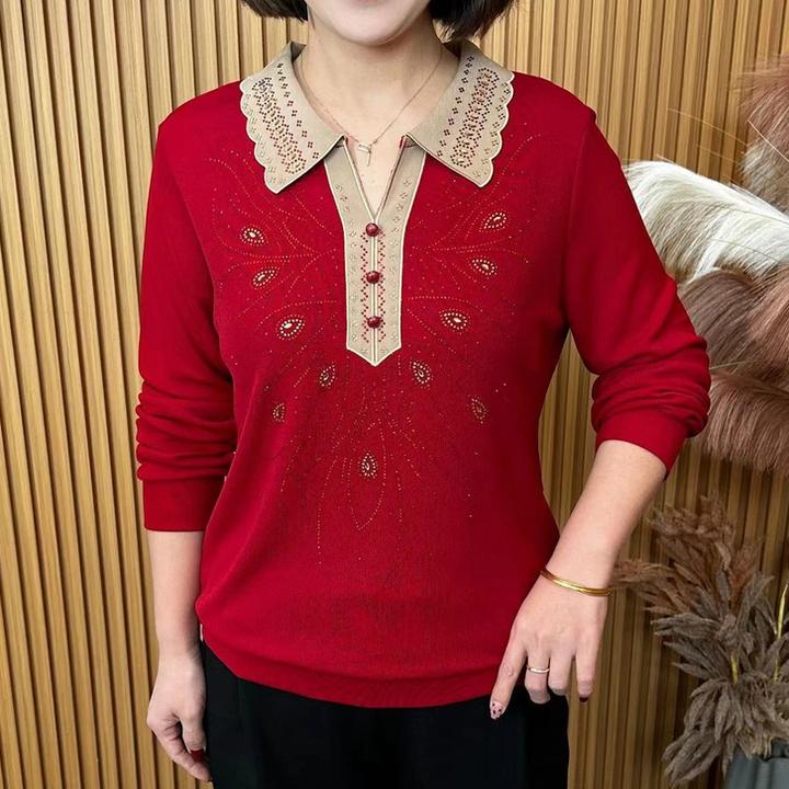 2025春季新款时尚撞色翻领烫钻显瘦百搭洋气妈妈装长袖上衣 A1287