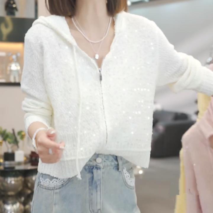 设计感时尚气质亮片毛衣帽衫女2025春季新款小香风拉链开衫上衣