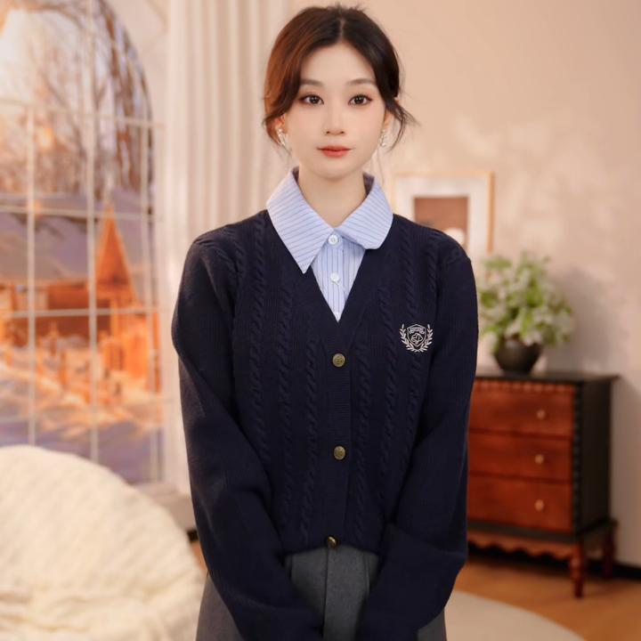 【保暖好物】茵曼25秋季学院风polo领假两件麻花毛衣英伦针织开衫