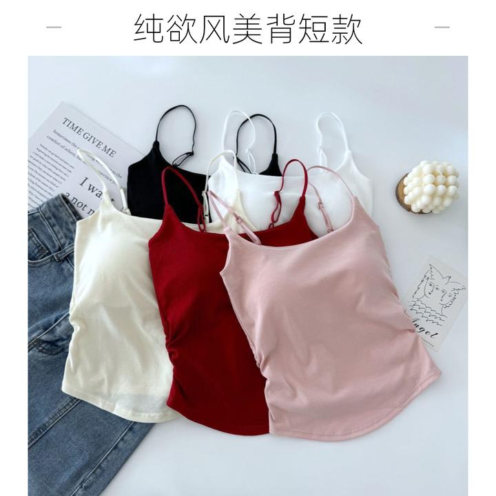 小清新纯欲风设计感褶皱吊带背心女外穿内搭带胸垫修身美背上衣夏
