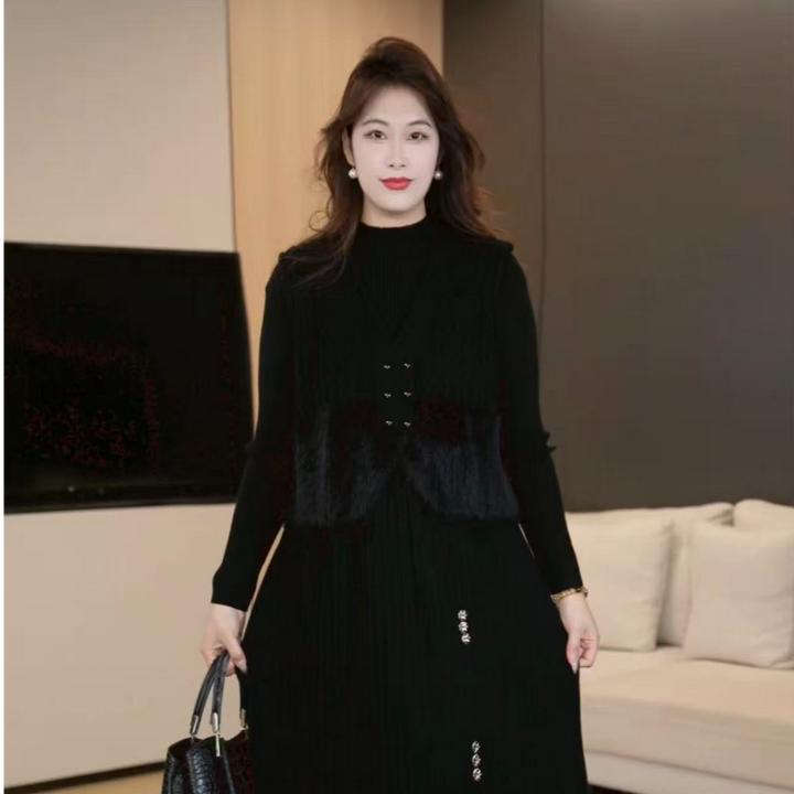 【两件套】薇姐大码女装显瘦气质压褶长袖连衣裙套装QD268