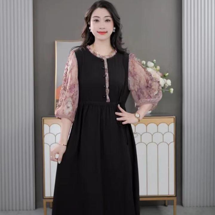 木棉林大码女装2025夏季新款百搭显瘦遮肉妈妈装中长连衣裙250377