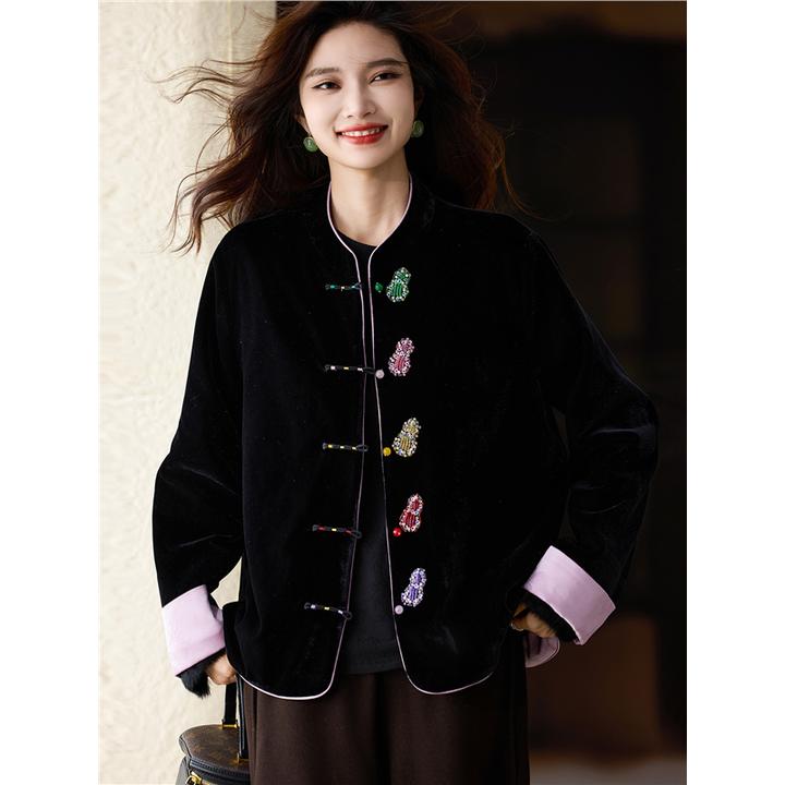 DUCURNO黑色提花钉珠丝绒外套女冬季2025新款国风气质新中式上衣