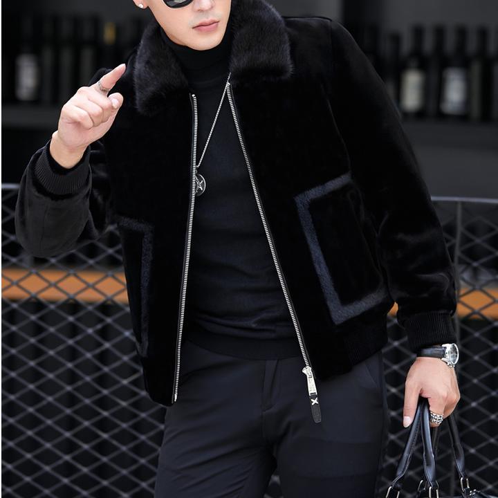 洛尼提日亚新款皮草冬季时尚翻领皮毛一体男士真皮皮衣夹克外套