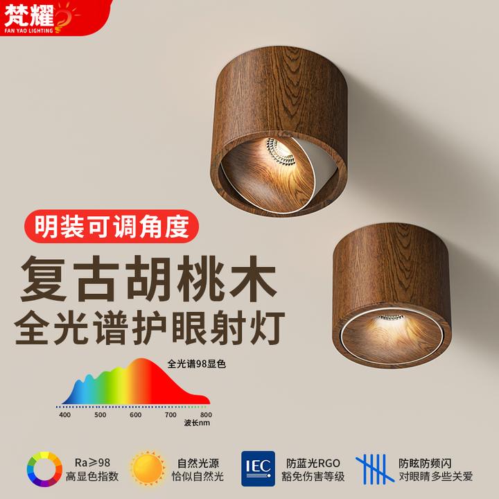 侘寂风胡桃木明装射灯原木复古可调角度防眩护眼客厅吸顶天花筒灯