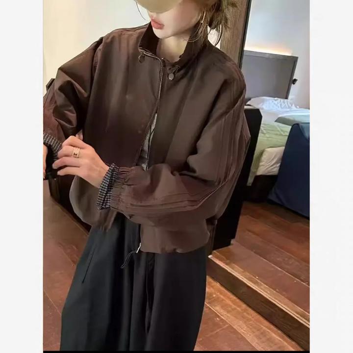 韩版立领拼接袖夹克百搭宽松休闲外套女秋季棒球服女上衣2598