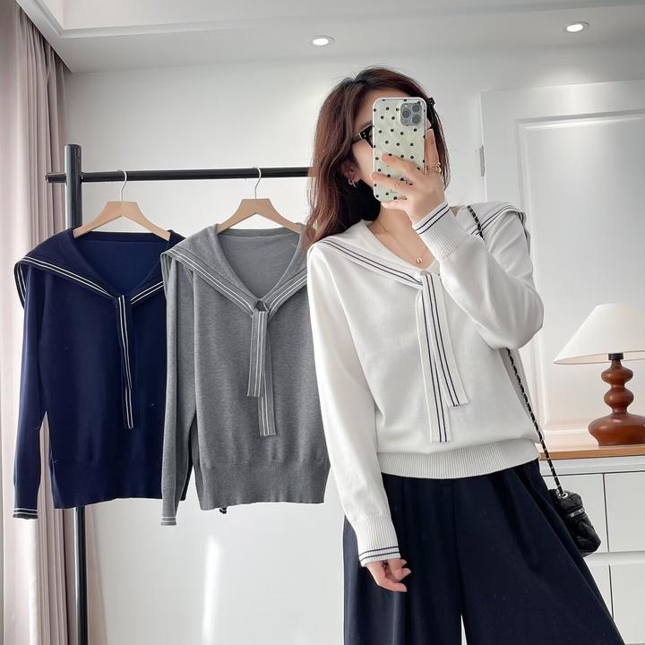 大码胖mm学院风海军领针织衫女早秋季毛衣洋气打底衫韩系上衣2221