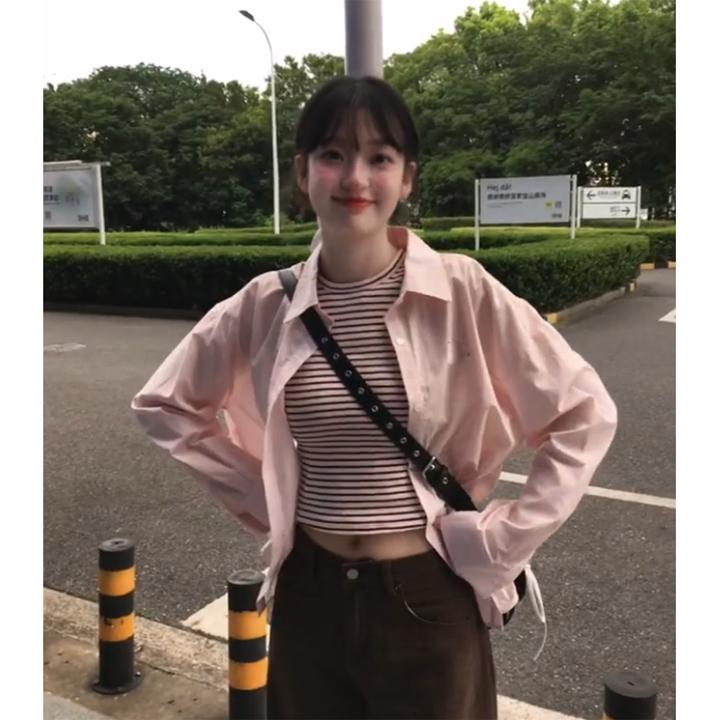 网红洋气炸街女装圆领无袖条纹背心翻领排扣衬衫直筒复古感工装裤