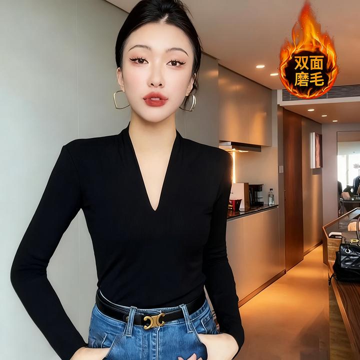 加厚内搭打底衫女2026新款修身v领正肩长袖t恤女生秋冬衣服内搭
