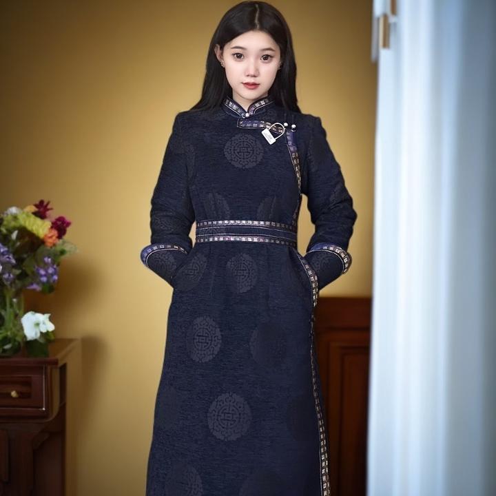 Adiyabrand立领民族风春秋冬蒙古袍带内衬男女同款可定制连衣裙