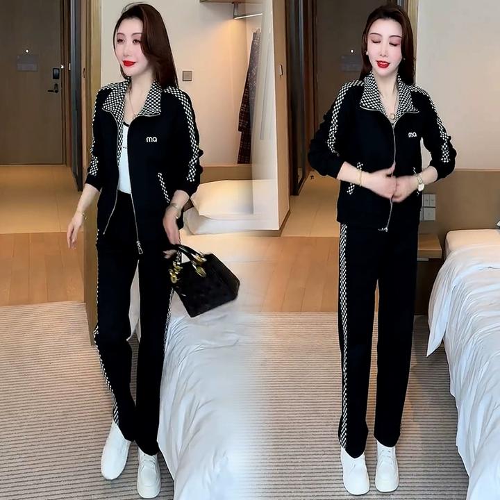 休闲运动服套装女春季时髦洋气显瘦格子拼接立领开衫阔腿裤两件套