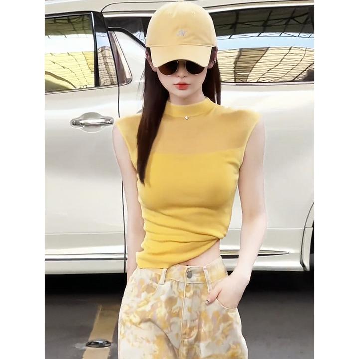 薄款超好看针织衫女2025新款爆款夏季无袖网纱拼接针织背心上衣女