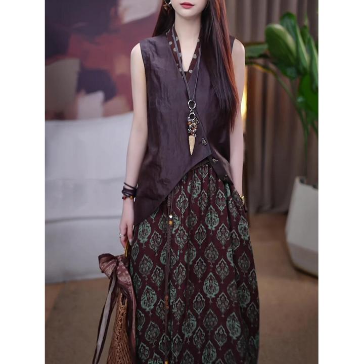 民族风时尚套装女2025夏季新款气质修身显瘦马甲上衣+半裙两件套