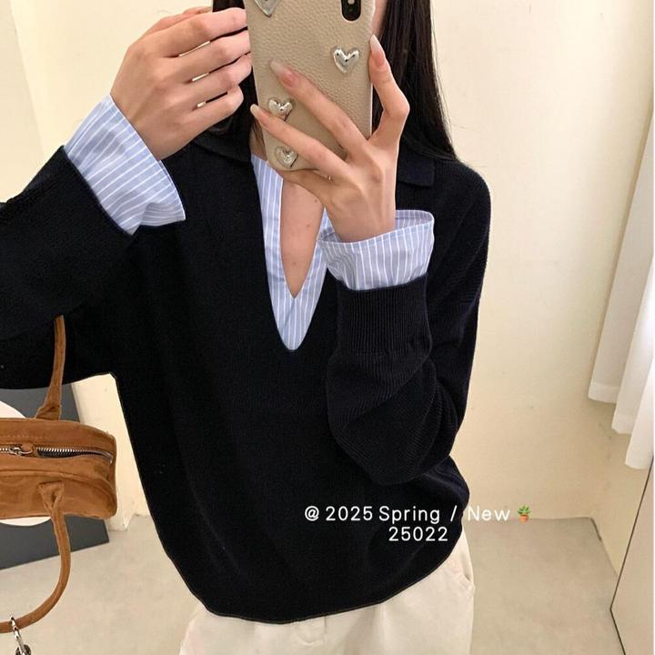 韩式条纹 拼接假两件长袖针织衫女秋冬新款设计感宽松显瘦V领上衣