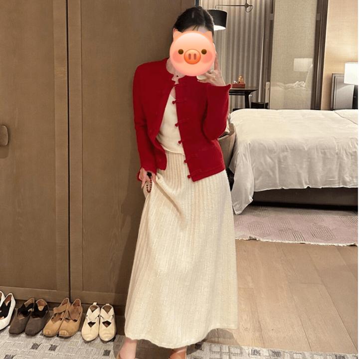 INS CEC红色过年新中式时尚毛衣针织套装女秋冬洋气半身裙两件套