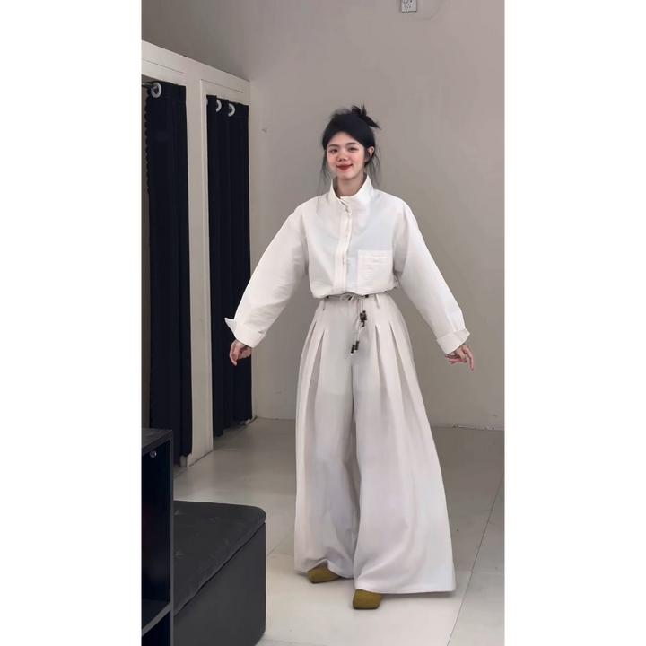 2025春季新款时尚气质韩系慵懒风宽松衬衫上衣搭阔腿长裤套装女