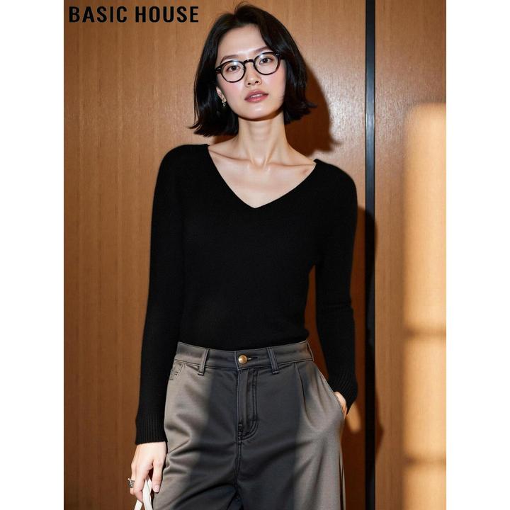 Basic House/百家好羊毛100%V领软糯针织衫女2025秋冬打底衫毛衣