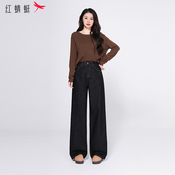 红蜻蜓冬季第四代升级黑金祥云原牛收腰阔腿牛仔裤