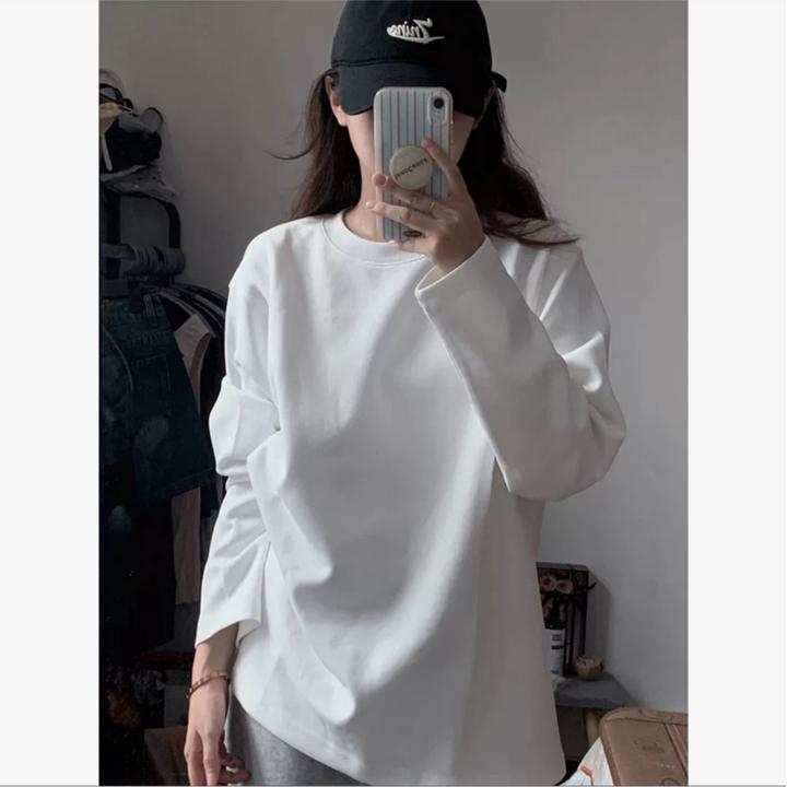 Q2510719白色秋冬薄款打底衫ins女长袖宽松叠穿内搭上衣百搭