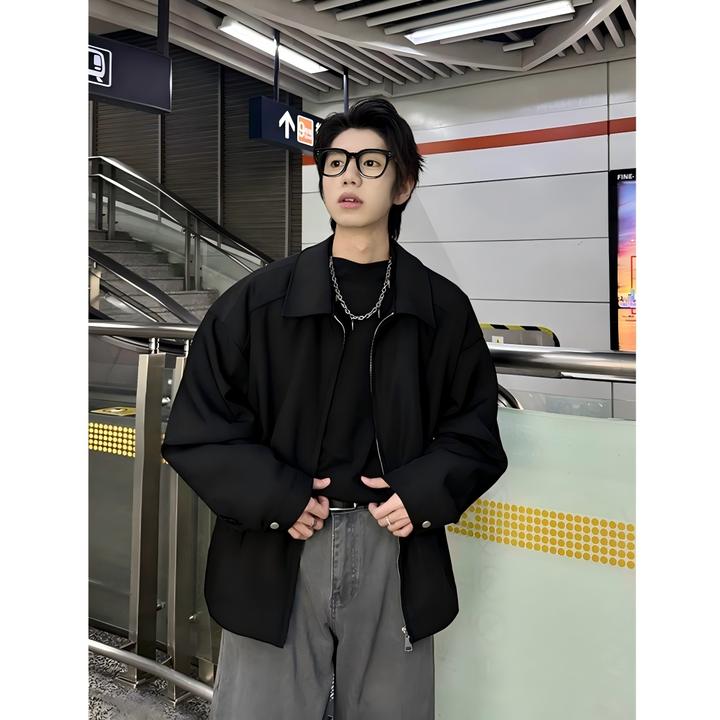 春秋新款美式百搭宽松纯色夹克男士韩版休闲简约翻领外套情侣上衣