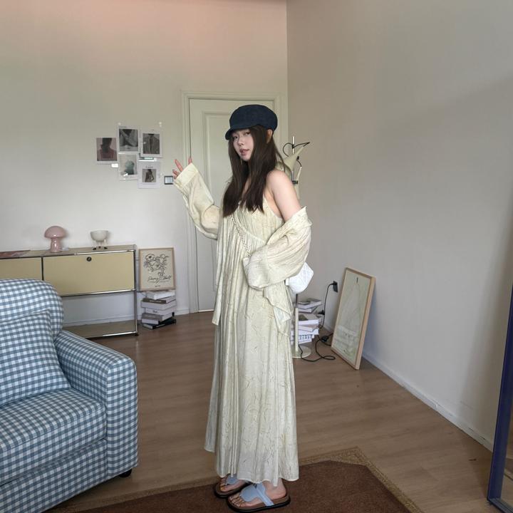 软软【慢渡春秋】时尚休闲宽松设计感翻领印花薄款长袖衬衫