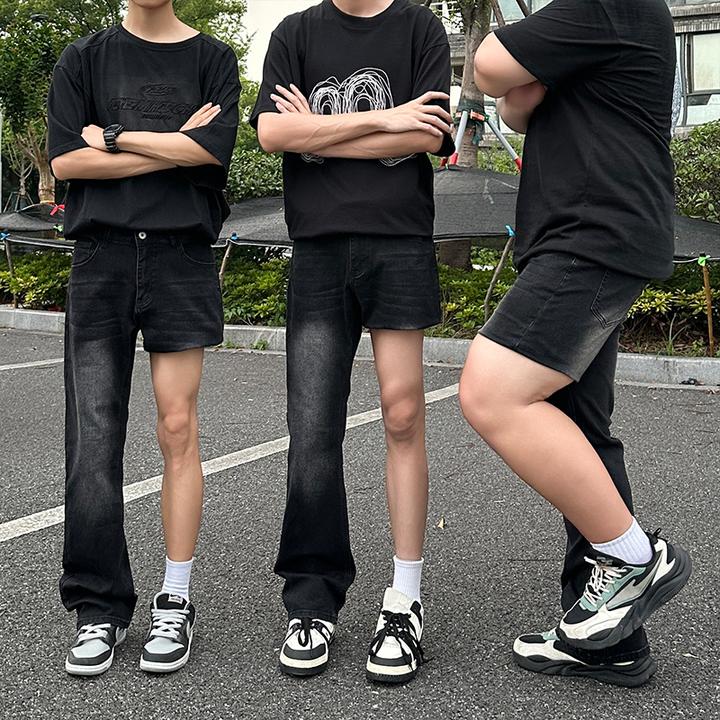 水洗黑色大码高弹微喇牛仔裤男秋冬美式复古设计感显瘦微喇直筒裤