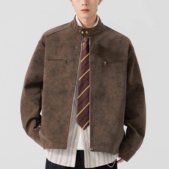 BQDK美拉德废土风pu皮衣男士新款宽松短款外套美式复古翻领夹克潮