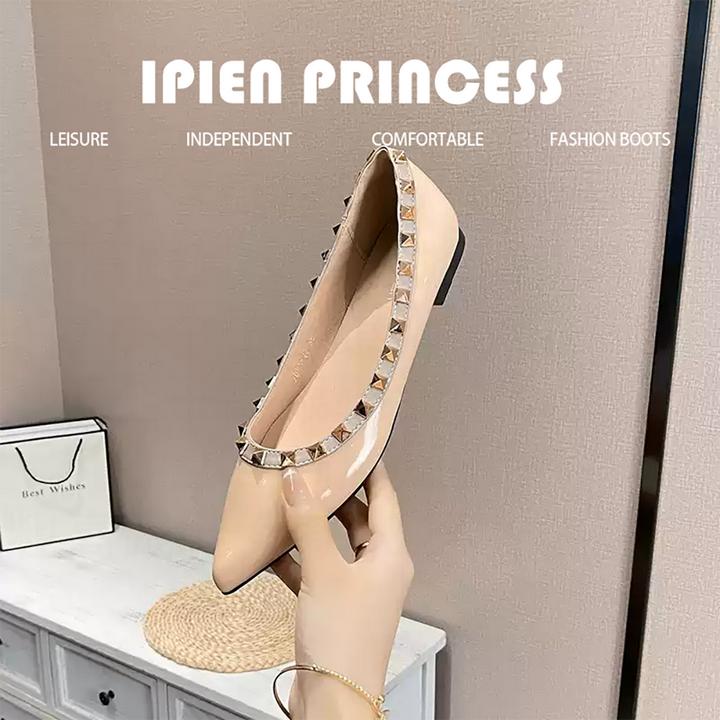 铆钉裸色时尚百搭单鞋2025春季新款尖头软漆皮法式气质女款通勤鞋