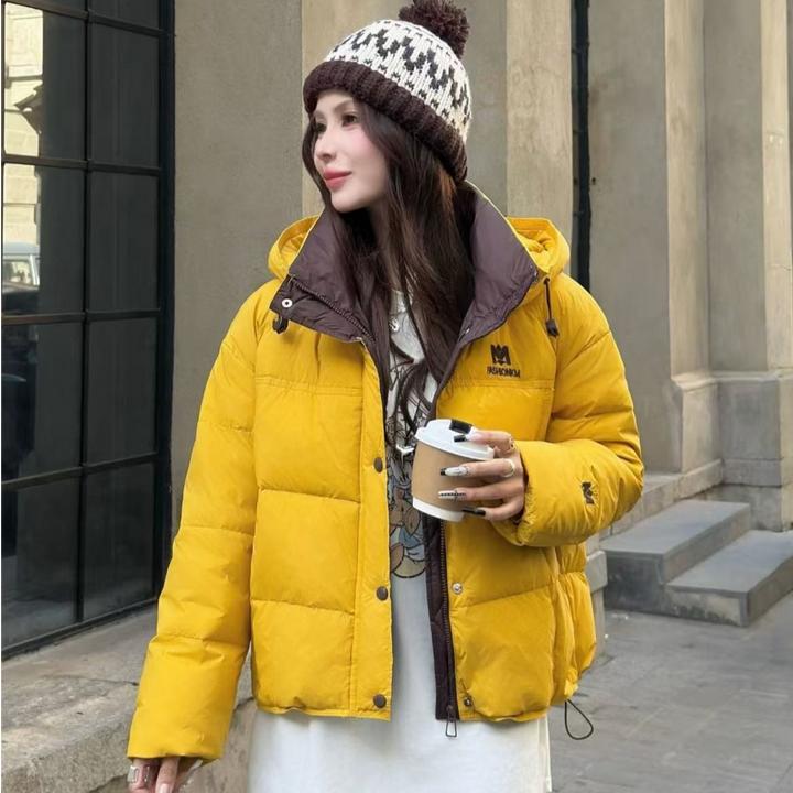 撞色连帽棉服女2025冬季韩版时尚休闲设计感宽松显瘦百搭外套潮