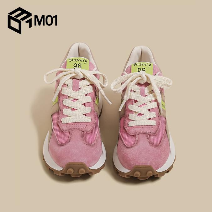 M01厚底阿甘鞋女2025秋冬季加绒复古做旧粉红色运动老爹德训鞋潮