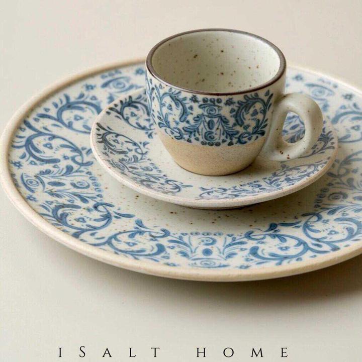 手作鸢尾花咖啡杯.粗陶青花手绘拉花杯点心碟创意下午茶/出丹麦