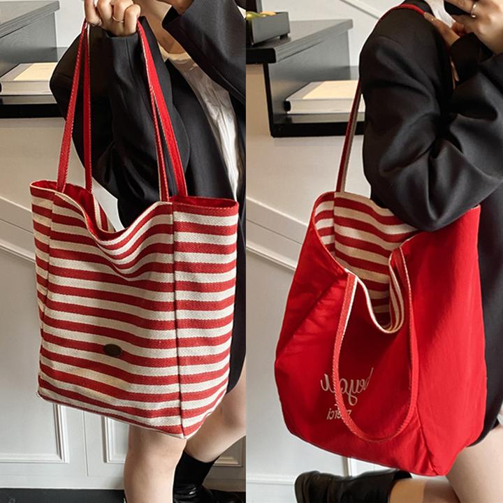 双面背条纹帆布袋 韩版ins慵懒风托特包学生大容量休闲单肩包包女