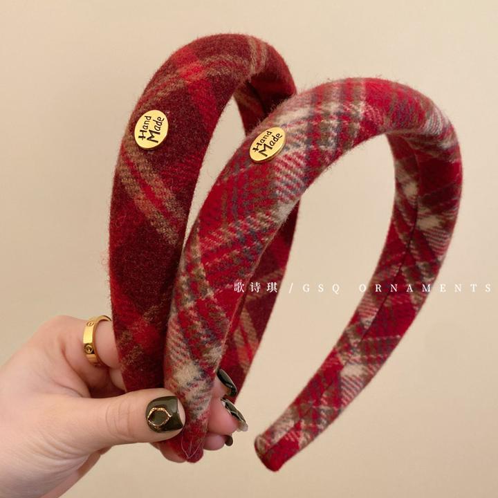 圣诞氛围感红色秋冬毛绒高颅顶格子发箍女2025新款高级感头箍头饰