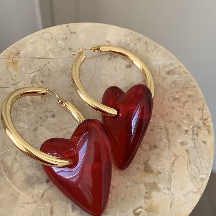 卡柒 铜合金耳饰 复古红色大爱心圈圈耳环轻奢小众设计高级感耳饰