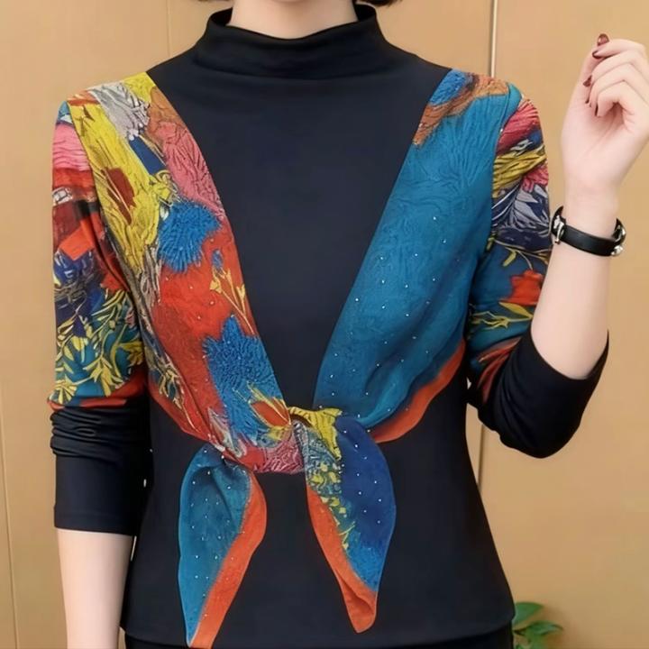 半高领打底衫女内搭高级感洋气时尚拼接烫钻印花长袖修身显瘦上衣