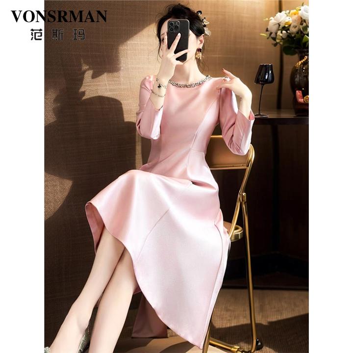 VONSRMAN气质优雅长袖连衣裙2025年春季新款温柔圆领钉珠收腰A字