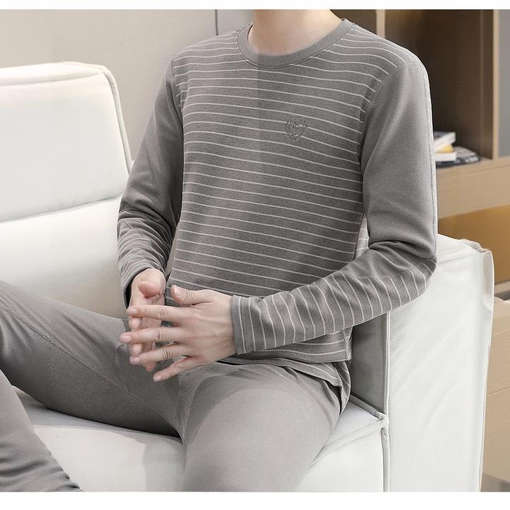 METINBARLEN密汀巴灵德绒保暖内衣男款条纹打底衫加厚款内穿套装