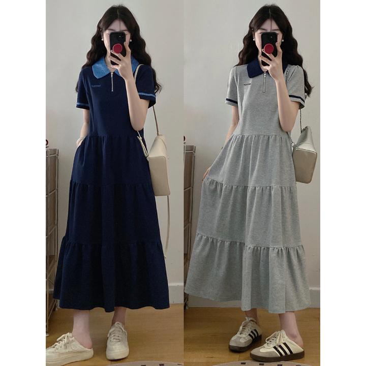 大码女装胖mm夏日新款显瘦高腰遮肉蛋糕裙翻领刺绣连衣裙