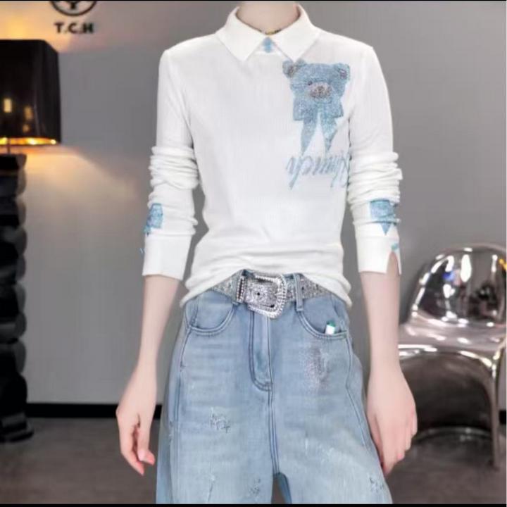 TCH【柔软舒适】冬款时尚烫钻米色休闲风女装打底衫T75D09E1229