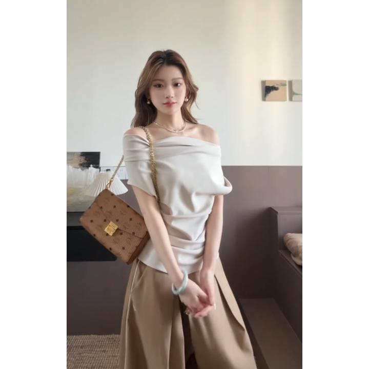 韩气穿搭一字肩短袖t恤设计感露肩纯欲风上衣百搭长裤套装