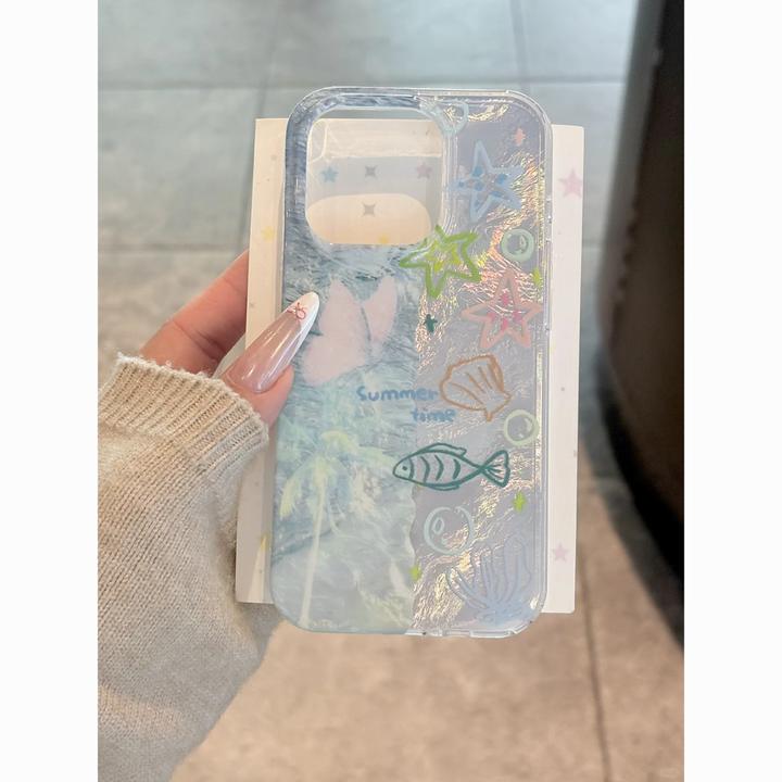 海洋贝壳多只小鱼适用苹果16promax手机壳15pro冰川纹14趣味13/12