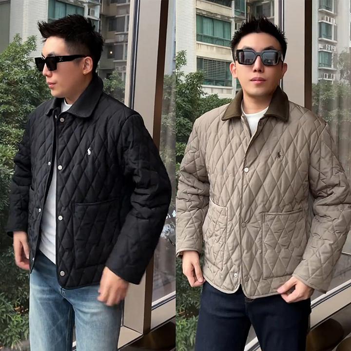 冬季新款编织格纹刺绣老钱风翻领棉服外套男士轻奢高级感棉衣夹克